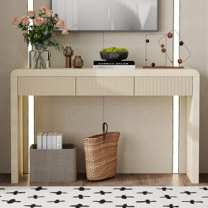Rustic Console Table with 3 Fluted Drawers, Solid Wood Veneer Entryway Table with Natural Wood Grain for Living Room & Hallway