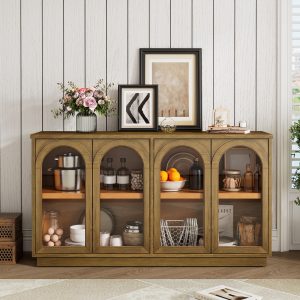1-101.jpg 4-Door Arched Buffet Cabinet with Glass Doors & Large Storage, Adjustable Shelves for Kitchen, Dining Room & Living Room