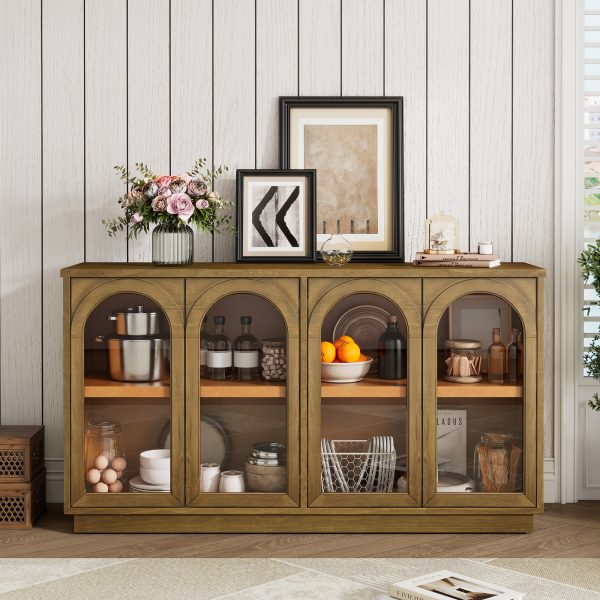 4-Door Arched Buffet Cabinet with Glass Doors & Large Storage, Adjustable Shelves for Kitchen, Dining Room & Living Room