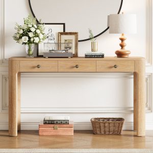 Rustic Console Table with Safety Curved Corners, 3 Concealed Drawers & Thick Sturdy Legs for Entryway, Hallway & Living Room