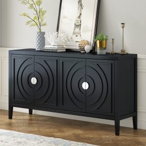 Retro Sideboard with Circular Groove Design & Round Metal Door Handles for Entryway, Dining Room & Living Room