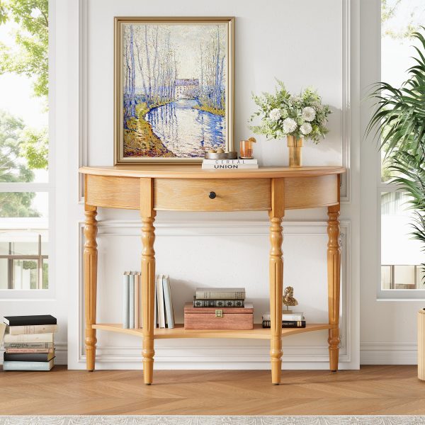 Farmhouse Half Moon Console Table with Drawer & Shelf, Rustic Accent Sofa Table for Entryway, Living Room, Hallway & Foyer