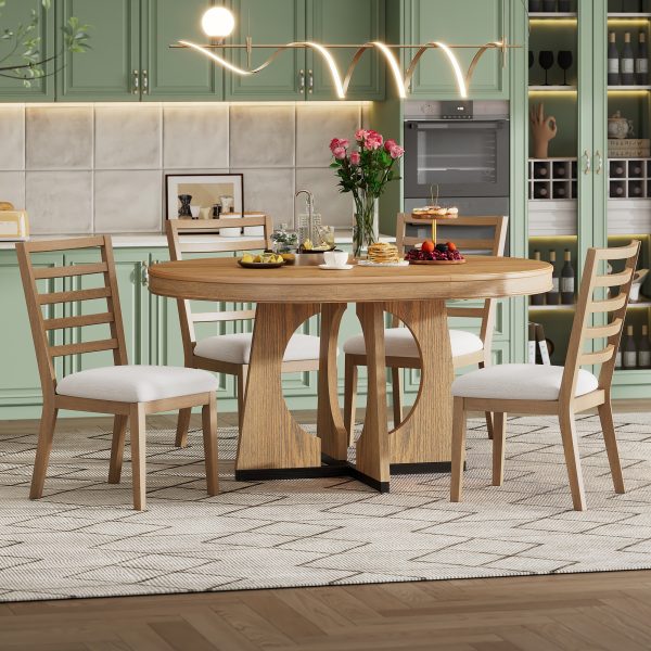5-Piece Retro Round Dining Set for 4, Extendable Table with 16" Removable Leaf & Unique Geometric Design for Kitchen & Dining Room