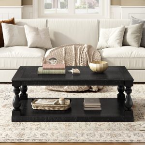 Vintage Coffee Table with Artistic Vase-Style Column Legs & Premium Pine Veneer, Boasting Timeless Elegance. Ideal for Living Rooms and Studies.