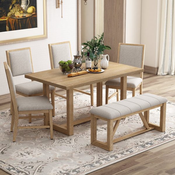 6-Piece Retro Dining Set for 6, 60" Wooden Kitchen Table with 4 Chairs & Bench, Trestle Base Design for Kitchen & Dining Room