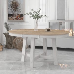 Farmhouse Round Extendable Dining Table with 16" Removable Leaf, Wooden Kitchen Table