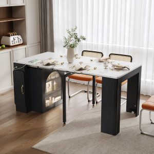 Extendable Dining Table with 3 Removable Middle Leaves, Mobile Rolling Island Table with Power Outlet & Space-Saving Storage Cabinet for Dining & Living Room