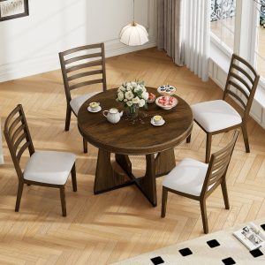 Retro 5-Piece Dining Set, Extendable Round Dining Table with 16" Removable Middle Leaf, Unique Geometric Design for Kitchen & Dining Room (with Chairs)