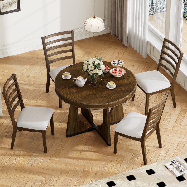 Retro 5-Piece Dining Set, Extendable Round Dining Table with 16" Removable Middle Leaf, Unique Geometric Design for Kitchen & Dining Room (with Chairs)