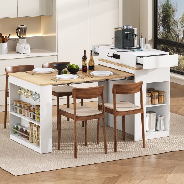 1-118.jpg Multifunctional Extendable Dining Table with Folding Top, Bar Table & Kitchen Island with Drawers, Power Outlet, Wheels and Hooks, Versatile Sideboard for Kitchen & Dining Room