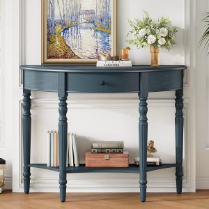 Farmhouse Half Moon Console Table with Storage Drawer & Open Shelf, Rustic Accent Sofa Table for Entryway, Living Room, Hallway & Foyer