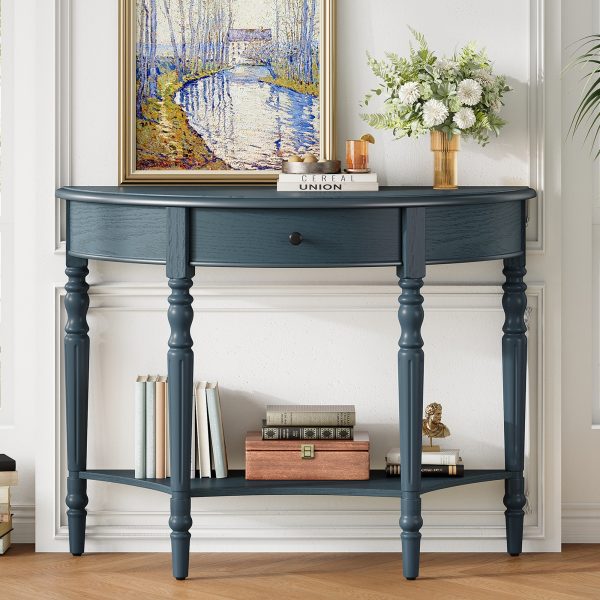 Farmhouse Half Moon Console Table with Storage Drawer & Open Shelf, Rustic Accent Sofa Table for Entryway, Living Room, Hallway & Foyer