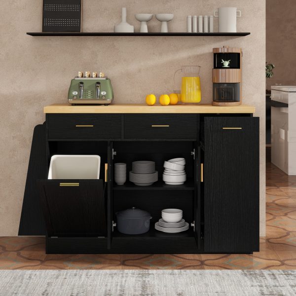 1-121.jpg Multifunctional Kitchen Storage Sideboard with Trash Can Storage, Sliding Door Cabinet & 3-Tier Spice Rack, Versatile Kitchen Island for Kitchen & Dining Room