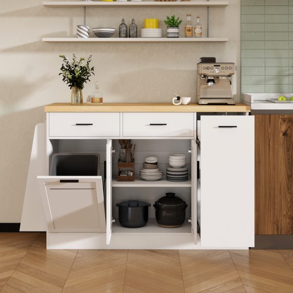 1-122.jpg Multifunctional Storage Sideboard & Kitchen Island with Trash Can Compartment, Sliding Door Cabinet and 3-Tier Spice Rack for Kitchen & Dining Room