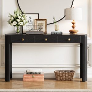 Rustic Console Table with Curved Safety Edges, 3 Hidden Drawers & Thick Sturdy Legs, Versatile Sofa Table for Entryway, Hallway & Living Room