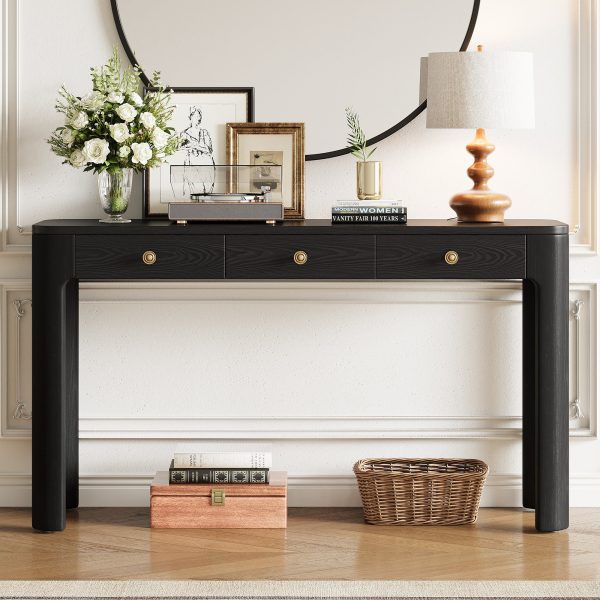 1-123.jpg Rustic Console Table with Curved Safety Edges, 3 Hidden Drawers & Thick Sturdy Legs, Versatile Sofa Table for Entryway, Hallway & Living Room