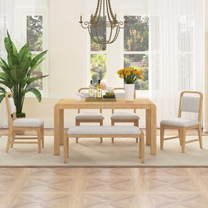 Vintage Extendable Dining Table Set for 4-6 People with 4 Upholstered Chairs & 1 Bench, Rustic Wire-Brushed Kitchen Table with Curved Design for Dining Room & Kitchen