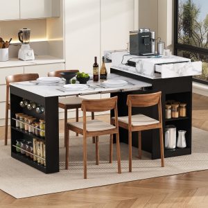 Extendable Dining Table with Folding Tabletop, Bar Table with Drawers & Power Outlet, Rolling Kitchen Island with Hooks, Multi-Purpose Sideboard for Kitchen & Dining Room