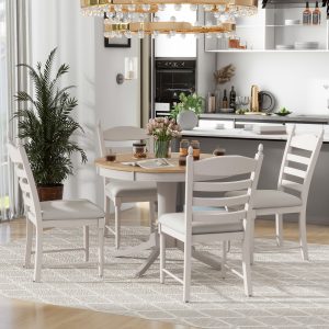 1-129.jpg 5-Piece Retro Dining Set C Round Extendable Wood Dining Table with 4 Upholstered Dining Chairs