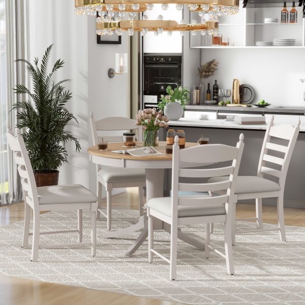 5-Piece Retro Dining Set C Round Extendable Wood Dining Table with 4 Upholstered Dining Chairs