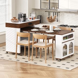 Extendable Dining Table with Extra-Long Folding Top, Rolling Kitchen Island with Drawers, Power Outlet & Brake Lock, Storage Cabinet for Kitchen & Dining Room