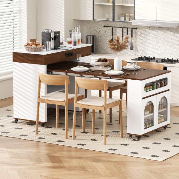 1-130.jpg Extendable Dining Table with Extra-Long Folding Top, Rolling Kitchen Island with Drawers, Power Outlet & Brake Lock, Storage Cabinet for Kitchen & Dining Room