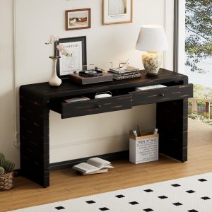 Curved Wooden Console Table with 2 Storage Drawers, Farmhouse Rustic Entryway Table in Distressed Black for Hallway & Living Room
