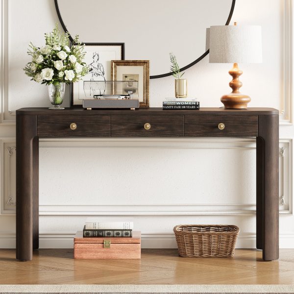 Rustic Console Table with Safety Curved Corners, Entryway Sofa Table with 3 Concealed Drawers & Thick Sturdy Legs for Hallway & Living Room