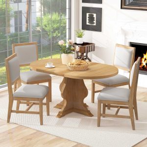 Farmhouse 5-Piece Dining Set with Extendable Table & 4 Upholstered Chairs, 15.7" Removable Leaf for Extra Seating, Ideal for Dining Room, Kitchen & Living Room