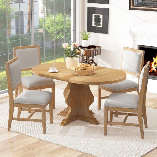 Farmhouse 5-Piece Dining Set with Extendable Table & 4 Upholstered Chairs, 15.7" Removable Leaf for Extra Seating, Ideal for Dining Room, Kitchen & Living Room