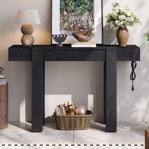 Rustic Minimalist Wooden Console Table with Hidden Drawer & Side Power Outlet, Versatile Entryway Table for Entryways, Living Rooms & Home Offices