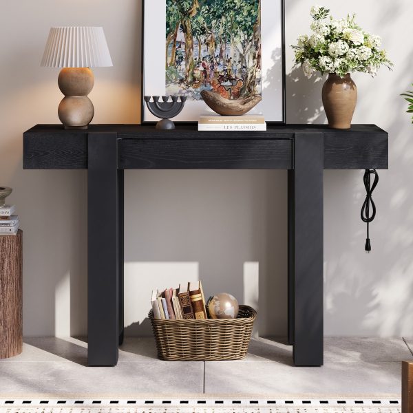 1-136.jpg Rustic Minimalist Wooden Console Table with Hidden Drawer & Side Power Outlet, Versatile Entryway Table for Entryways, Living Rooms & Home Offices