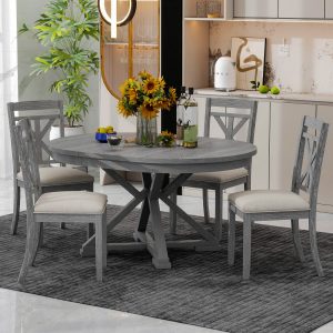 1-137.jpg 5-Piece Retro Functional Dining Set, Extendable Round Table with 4 Upholstered Chairs for Dining Room & Living Room