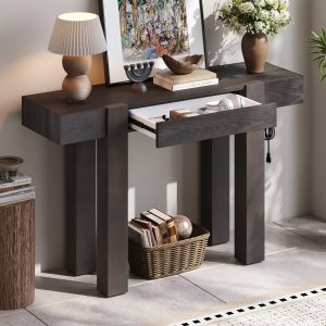 Rustic Minimalist Wooden Console Table with Hidden Drawer & Side Power Outlet, Versatile for Entryways, Living Rooms & Home Offices