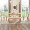 1-139.jpg 6-Piece Rustic Farmhouse Dining Set, Wire Brushed Rectangular Table with Trapezoid Legs, 4 Linen-Upholstered Chairs & 1 Padded Bench for Dining Room & Kitchen