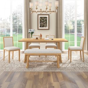 6-Piece Rustic Farmhouse Dining Set, Wire Brushed Rectangular Table with Trapezoid Legs, 4 Linen-Upholstered Chairs & 1 Padded Bench for Dining Room & Kitchen