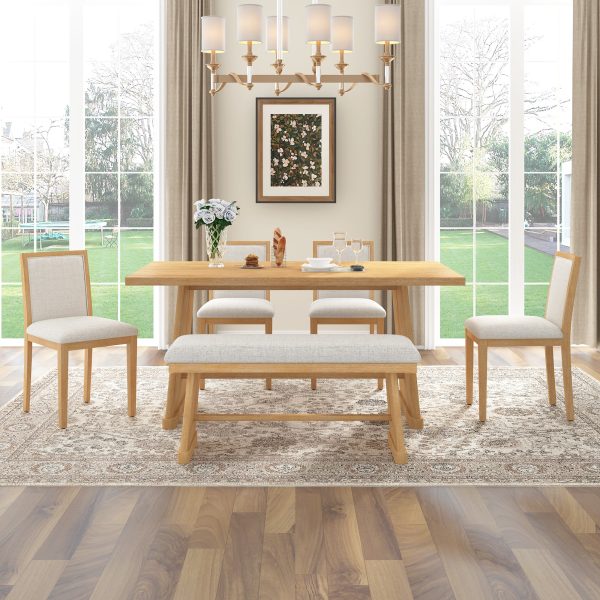 1-139.jpg 6-Piece Rustic Farmhouse Dining Set, Wire Brushed Rectangular Table with Trapezoid Legs, 4 Linen-Upholstered Chairs & 1 Padded Bench for Dining Room & Kitchen