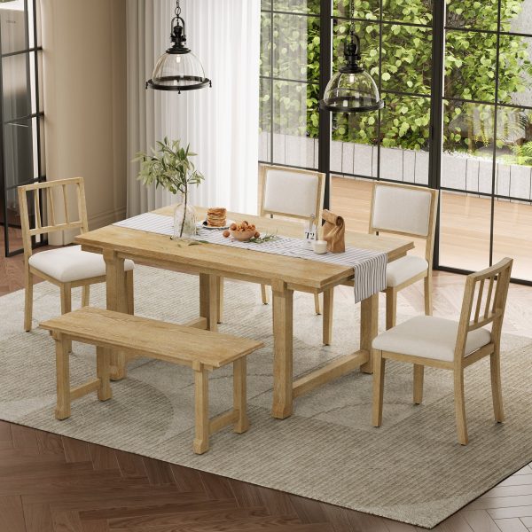 6-Piece Farmhouse Dining Set for 6 Seats, Solid Wood Frame & Legs with Ergonomic Dual-Style Chairs, Ideal for Kitchen & Dining Room