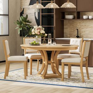 Retro 5-Piece Dining Set: Extendable Round Table & 4 Upholstered Chairs for Dining Room & Living Roo