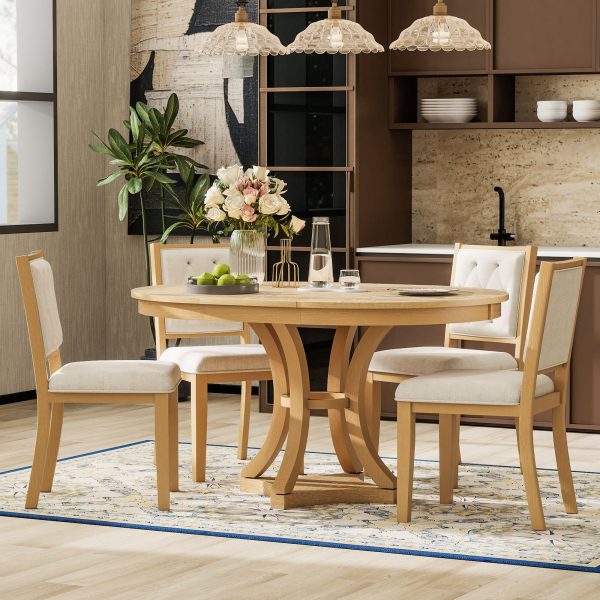 1-142.jpg Retro 5-Piece Dining Set: Extendable Round Table & 4 Upholstered Chairs for Dining Room & Living Roo