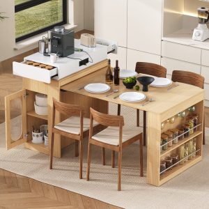 Extendable Dining Table with Folding Top, Drawers & Power Outlet C Multi-Functional Bar Table, Kitchen Island with Wheels, Hooks & Sideboard for Kitchen & Dining Room