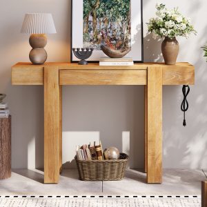 Rustic Minimalist Wood Console Table with Hidden Drawer & Side Power Outlet, Ideal for Entryways, Living Rooms & Home Offices