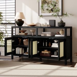1-147.jpg Bohemian Rattan Storage Buffet Cabinet with Solid Wood Frame, Push-to-Open Sideboard with 3-Level Adjustable Shelves for Living & Dining Rooms