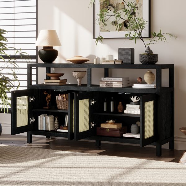1-147.jpg Bohemian Rattan Storage Buffet Cabinet with Solid Wood Frame, Push-to-Open Sideboard with 3-Level Adjustable Shelves for Living & Dining Rooms