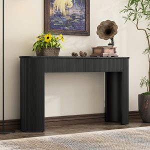 Fluted Design Entryway Table, Modern Storage Console Table with Oval Top & 2 Drawers for Hallway & Living Room