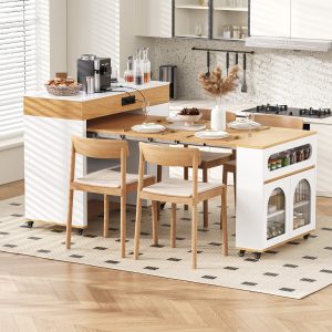 Extendable Dining Table with Extra-Long Folding Top, Rolling Kitchen Island (Drawers, Power Outlet, Brake Lock) & Storage Cabinet for Kitchen & Dining Room