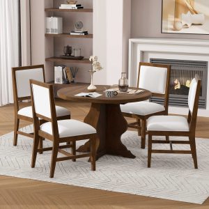Farmhouse 5-Piece Dining Set with Extendable Table & 4 Upholstered Chairs, 15.7" Leaf for Extra Seating, for Dining Room, Kitchen & Living Room