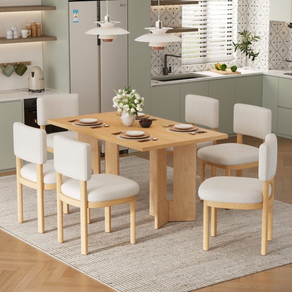 Farmhouse 7-Piece Dining Set for 6, 60" Rectangular Wood Table with Cutout Legs & 6 Upholstered Chairs for Dining Room, Kitchen & Living Room