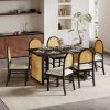 7-Piece Farmhouse Dining Set for 6, 59.8" Rectangular Table with Distressed Oak Veneer + 6 Rattan Chairs, Rustic Kitchen Furniture for Dining Room