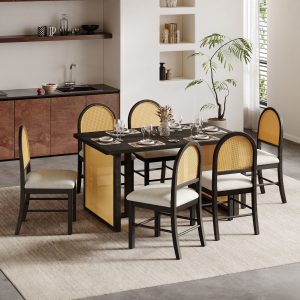 7-Piece Farmhouse Dining Set for 6, 59.8" Rectangular Table with Distressed Oak Veneer + 6 Rattan Chairs, Rustic Kitchen Furniture for Dining Room